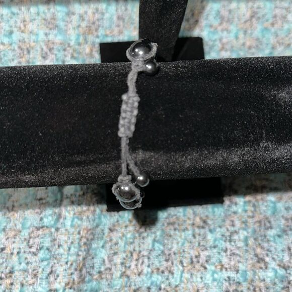 Beaded Black Steel Champagne Cz Center Jewels Braided Jute Bracelet - Picture 4 of 5